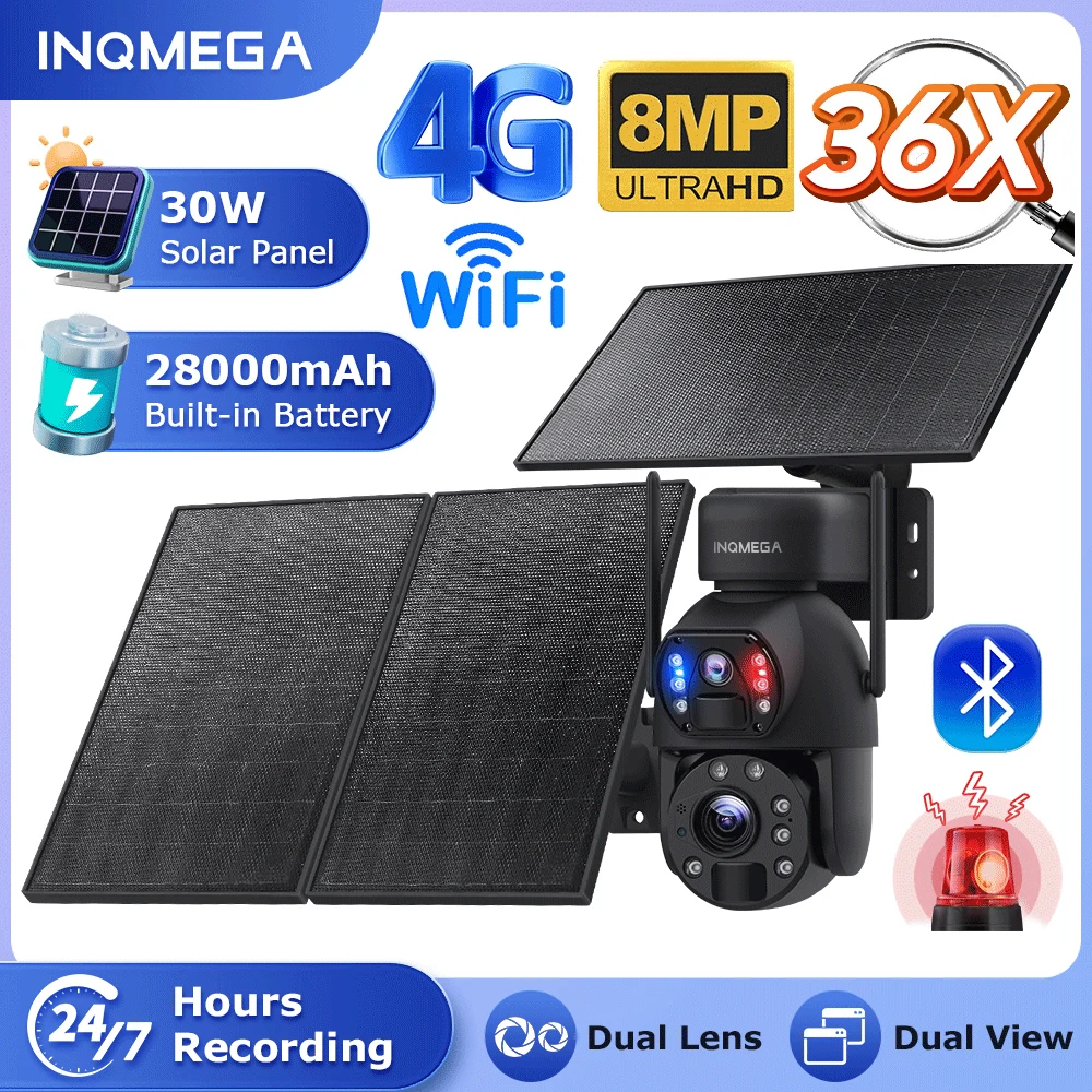 INQMEGA 8MP Solar Powered Camera 4G / WIFI 36X Zoom 30W Solar Outdoor Surveillance Camera Built in Battery 4K SIM Night Vision