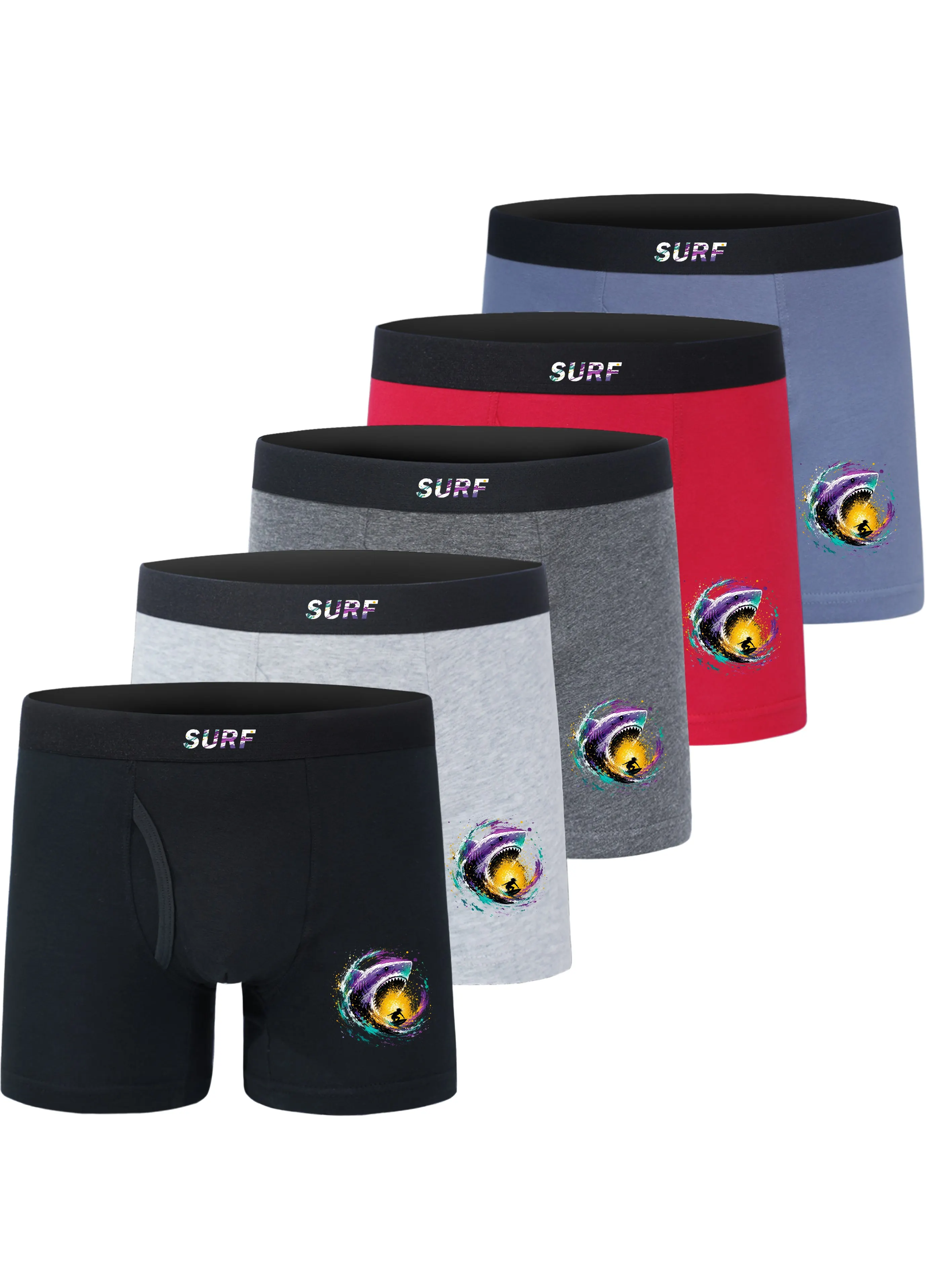 Paquete de 5 Calzoncillos Boxer para Niños, Diseño Color Splash Shark Surfer, Ropa Interior Suave y Transpirable para Surf, para Niños de 5 a 15 Años