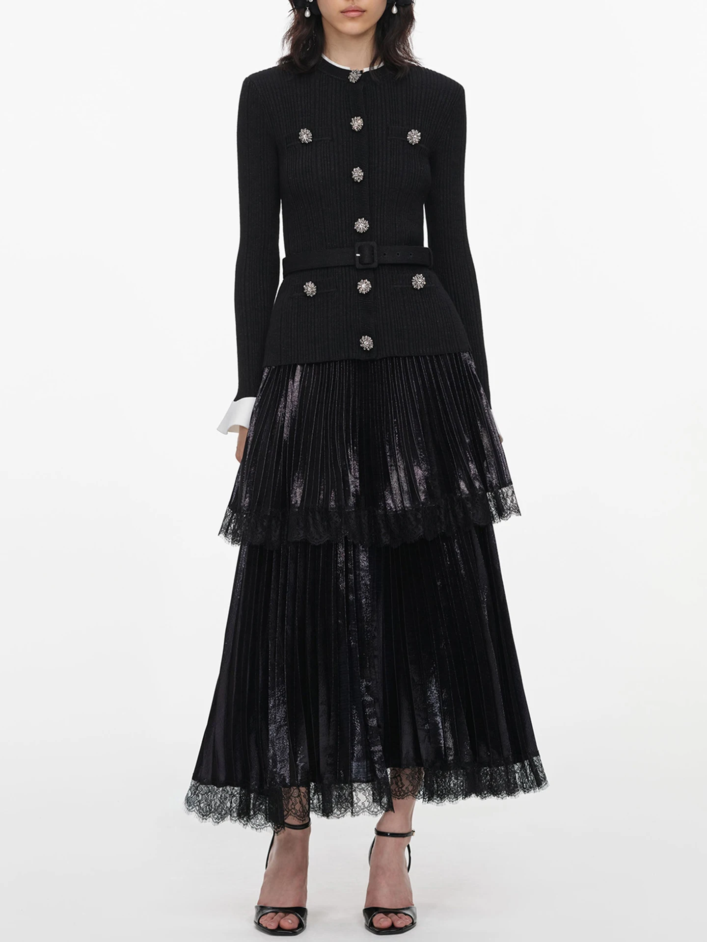 High-End Knitted Long Dress with Lace Design Autumn Collection by Nan You Fashion Elegant Ladylike Style Single Piece Dress