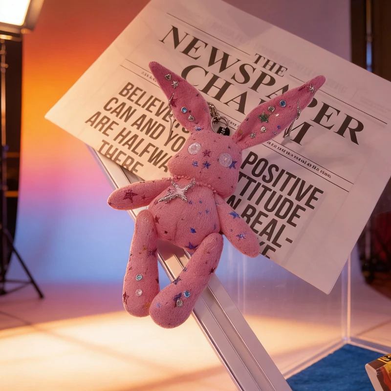 Original Y2K Plush Bunny Keychain Handmade Neon Rivet Star Decor Style Pink Bag Pendant For Fashion Lovers