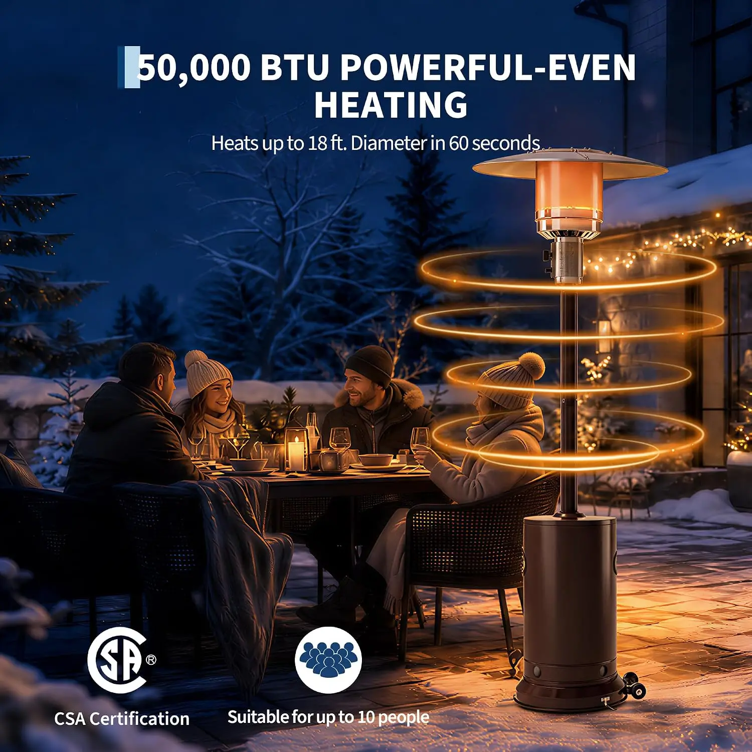 48,000 BTU Portable Propane Outdoor Heater with Patio Cover & Wheels, Double Stainless Steel, for Patio, Backyard, Balcony