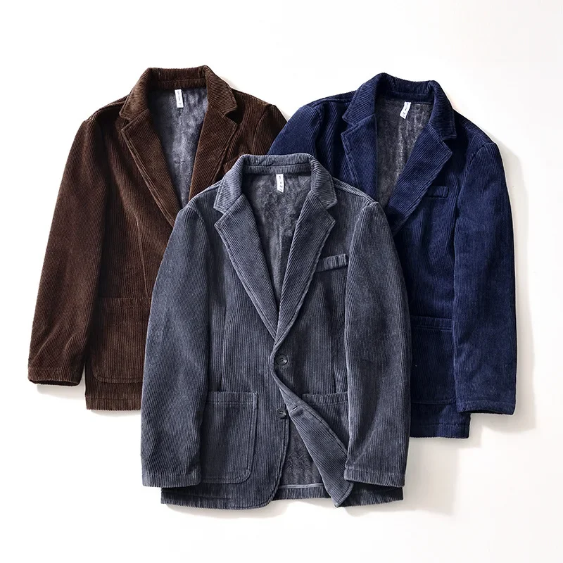 Fall Winter Jackets for Men Vintage Commute Casual Man Blazer Corduroy Fleece Suit Loose Warm Male Coat Japanese Thicken Clothes