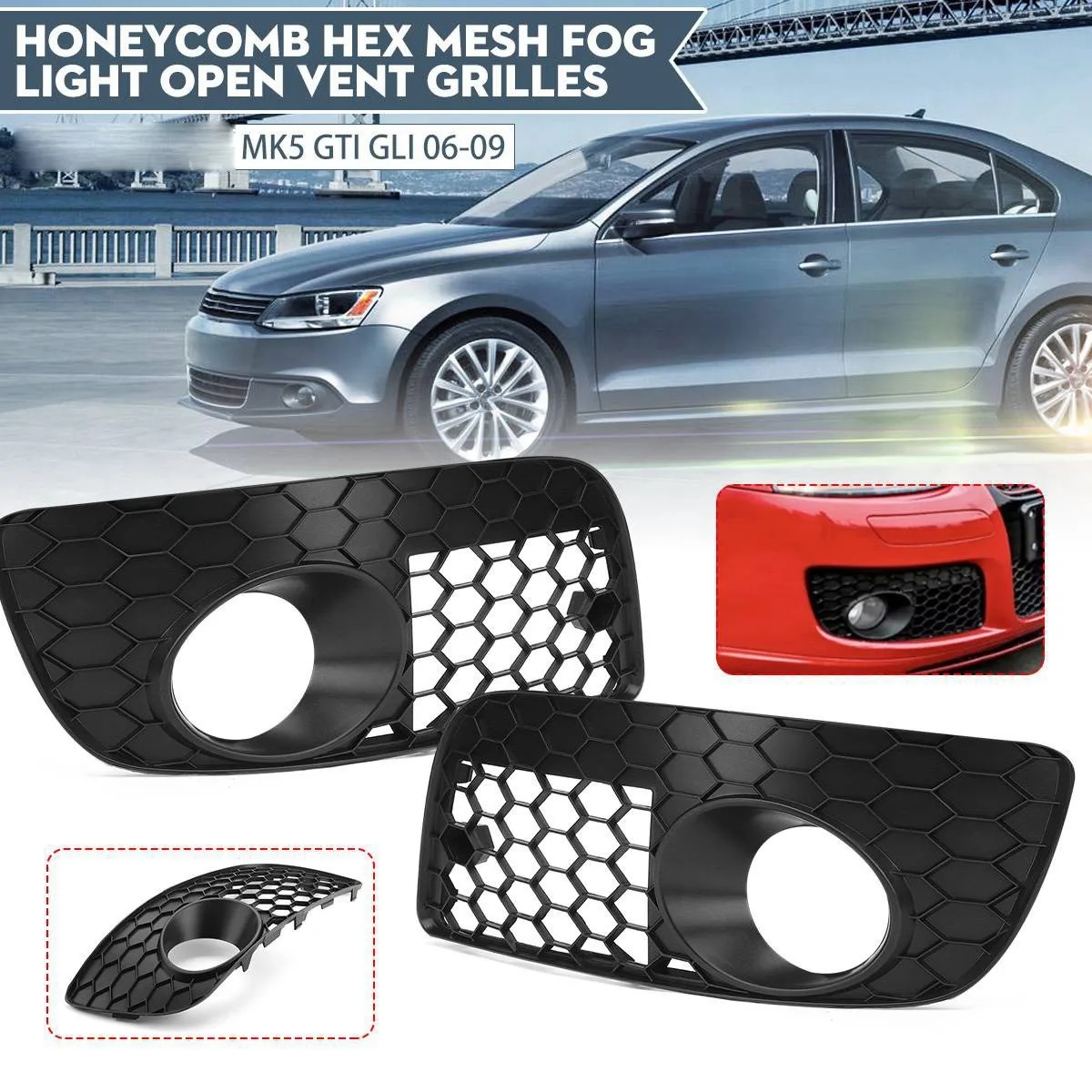 2X Car Front Bumper Fog Light Grille Grill HONEYCOMB HEX Fog Lamp Grille for Jetta MK5 GLI 2006-2009