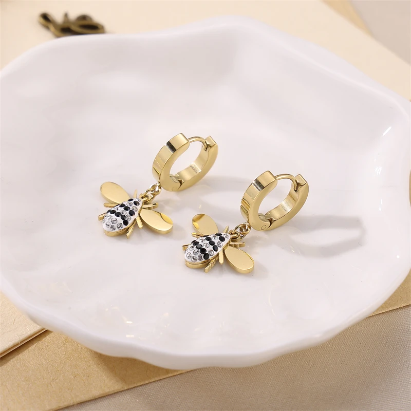 Cubic Zirconia Little Bee Stainless Steel Earrings For Women Girls Fashion Party Wedding Drop Earrings Simple Fashion Jewelry