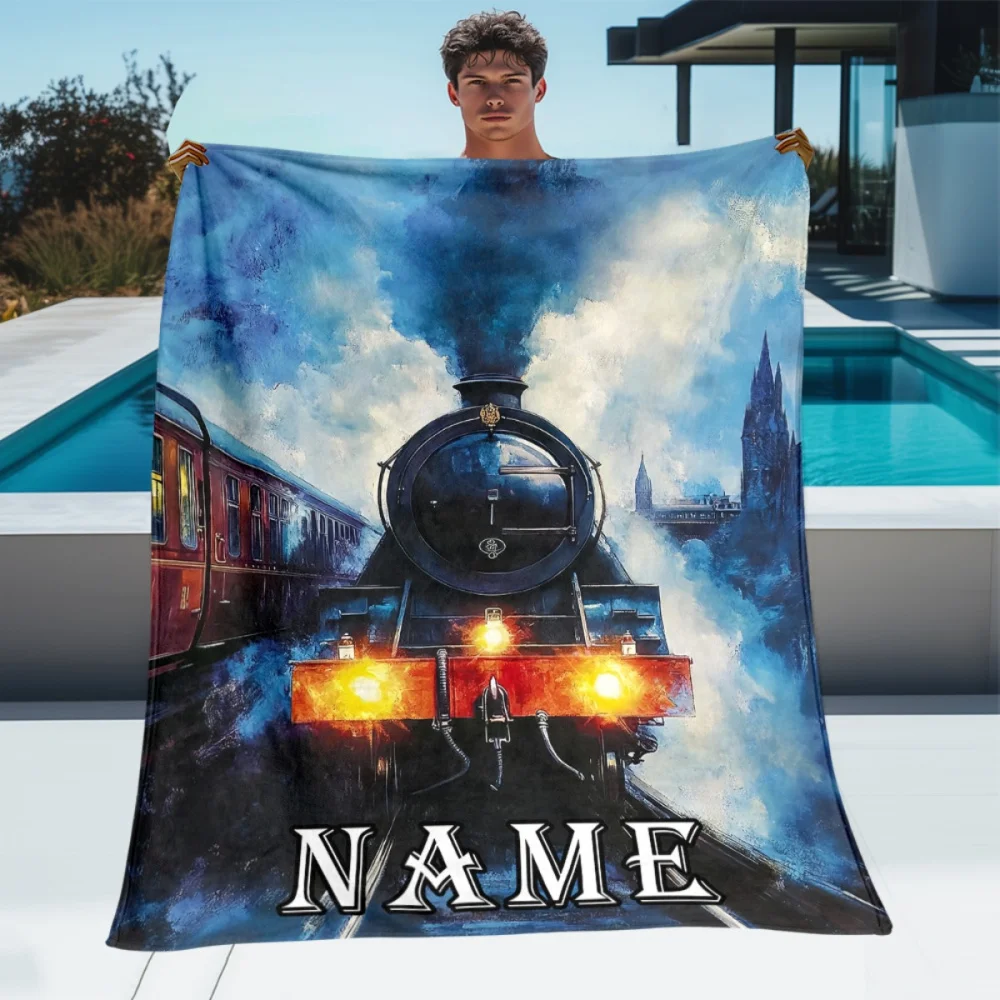 Custom name steam train flannel blanket, suitable for sofa, bed, birthdays, children, friends, gifts
