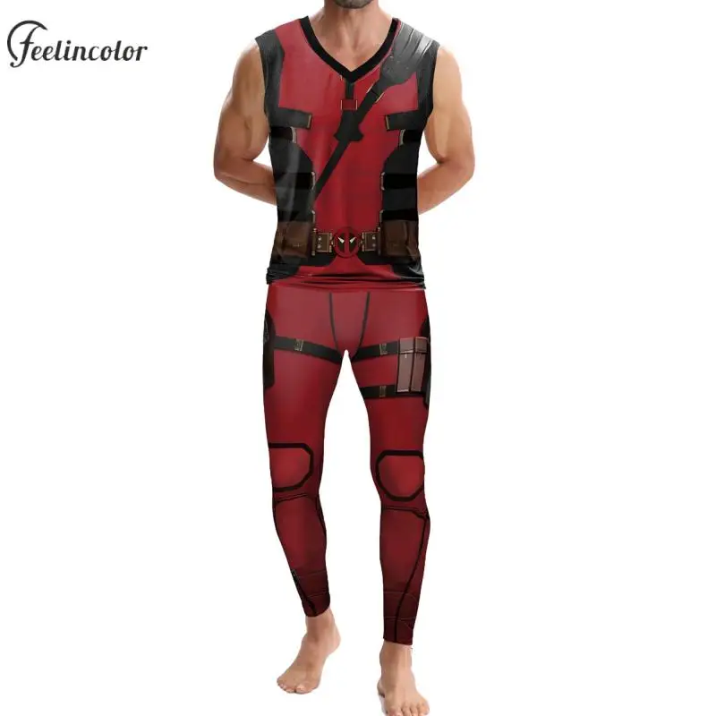 Superhero Cosplay Vest for Men Red V-Neck Tank Tops Leggings Fashion Casual Novelty T-Shirts Pants Sets 2 Pcs Male Clothing