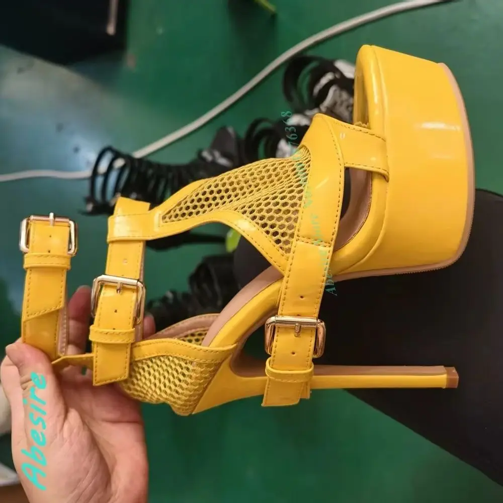 Spicy Girls Fashion Shoes Platform Open Toe Stiletto Heels Multi-Buckle Shoes for Women Air Mesh Hollow Out Belt Buckle Sandals