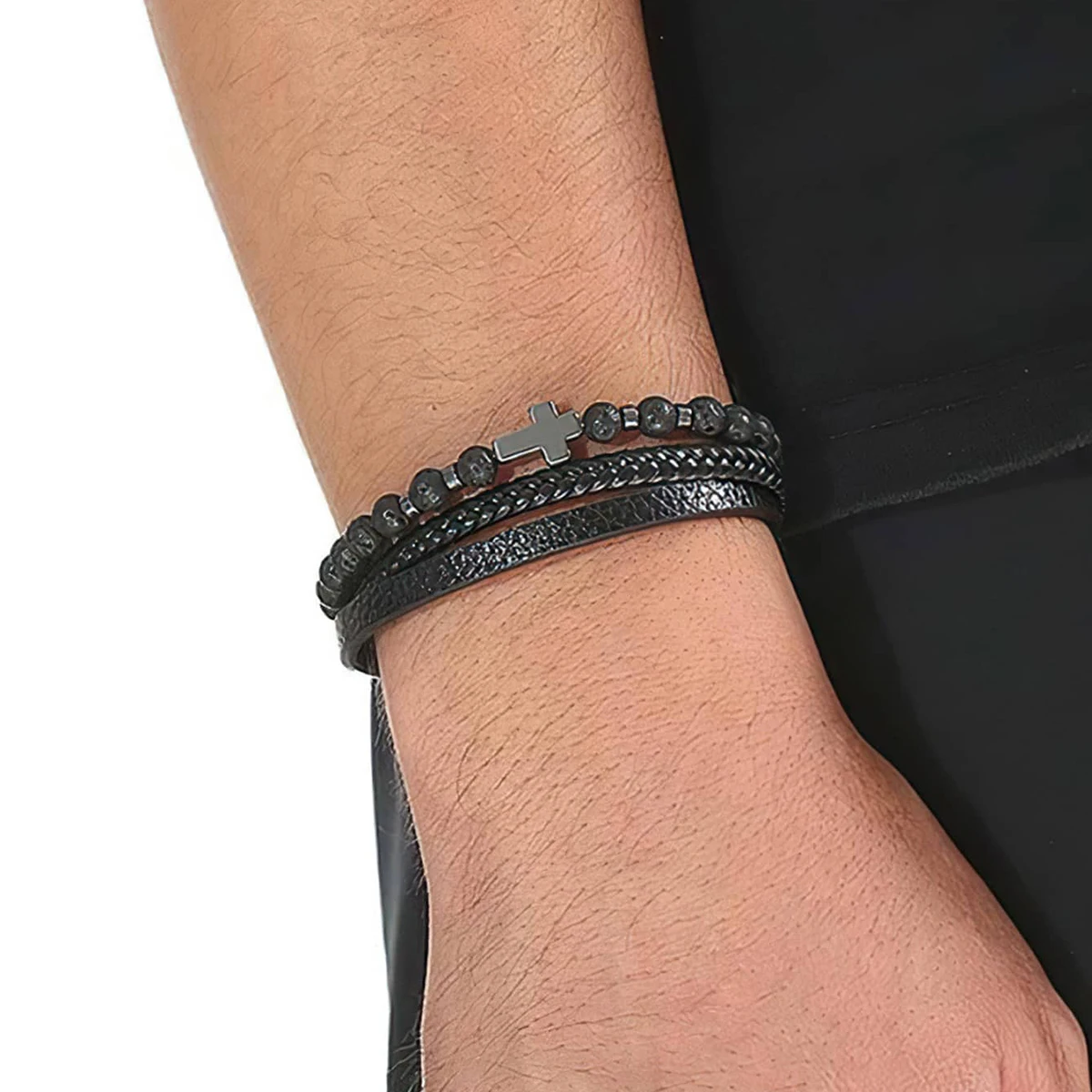 Vintage Multi-Layer Leather Bracelet Men Punk Cross Charm Tiger Eye Stone Beads Bracelet Fashion Braided Wrap Wristbands Jewelry
