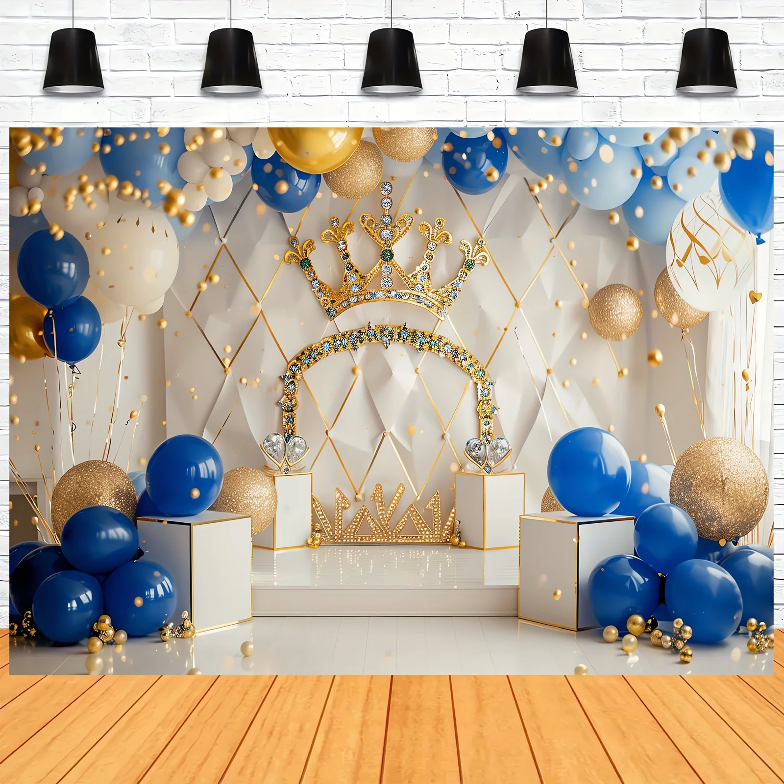 Royal blue and Gold King Crown party background, 1st birthday polyester banner, Prince Shower cake smash decoration