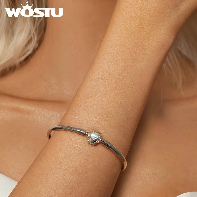 WOSTU-pulsera de plata de ley 925 para mujer, brazalete básico, estilo concha del océano, compatible con dijes DIY, regalo de joyería de vacaciones