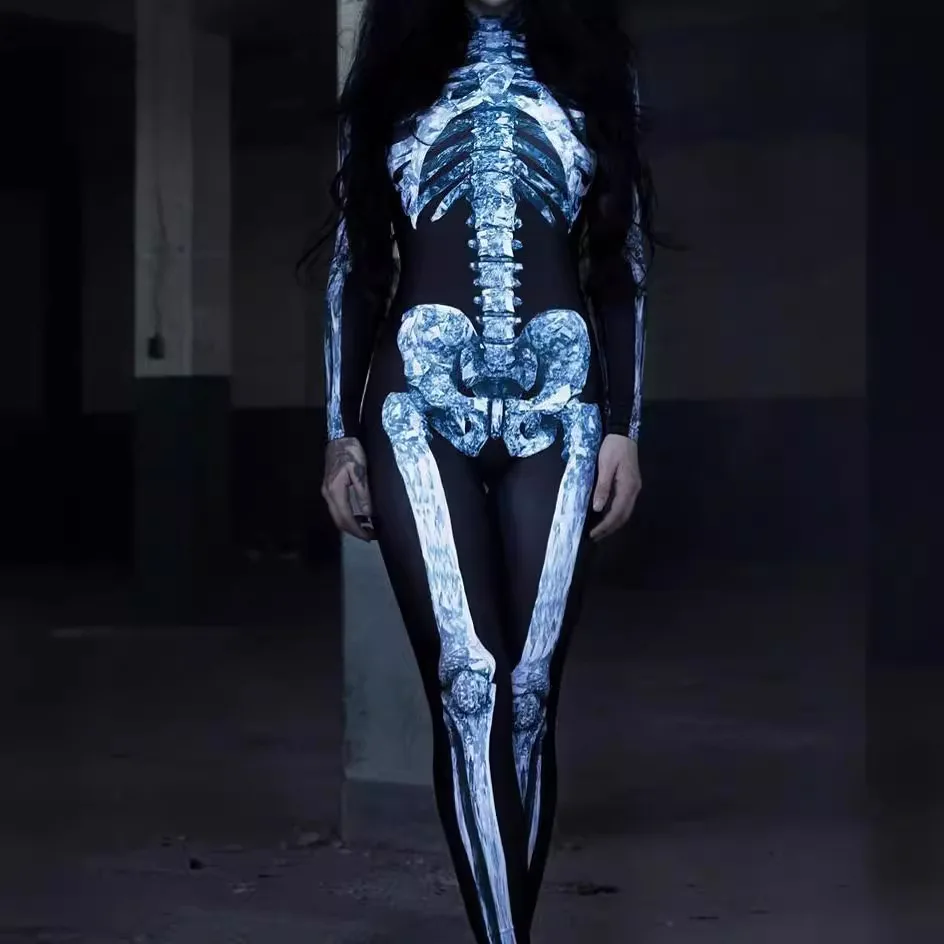 

Skeleton Cosplay Costume Halloween Bodysuit Carnival Zentai Ghost Skull Catsuit Long Sleeve Clothes Fancy Unisex Jumpsuit