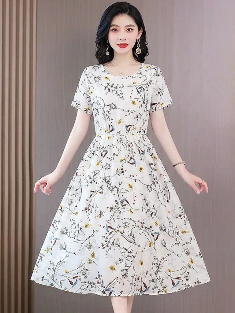 

Floral Print Casual Short Sleeve Dress Women's Waist Cinched Slimming plus Size Skirts for Middle-Aged And Elderly Mothers