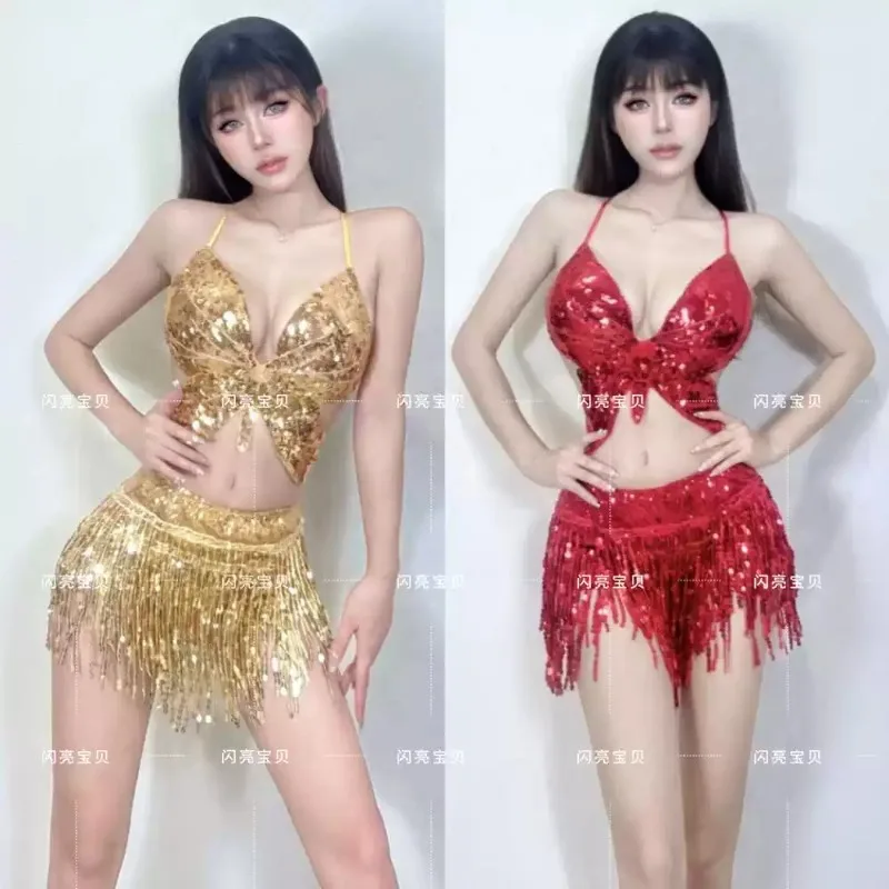 Sequin Butterfly Spaghetti‑Strap Crop Top & Integrated Skort Set Women Nightclub DS Gogo Dancer Jazz Party Stage Dancing