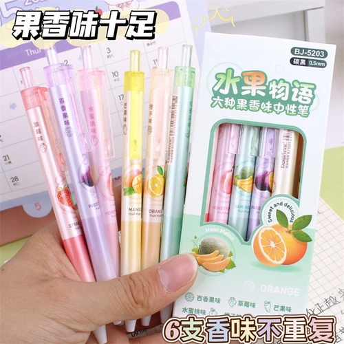 Imagen 2 del producto Bolígrafos de Gel con fragancia de fruta, tinta negra de 0,5mm, bolígrafo de escritura para estudiantes, bolígrafo escolar de oficina, suministros de papelería de oficina, 6 uds.
