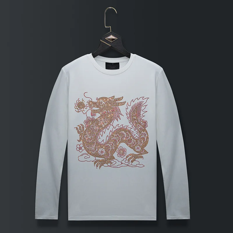 Plus Size Long Sleeve T Shirts Men Fashion Streetwear Chinese Dragon Rhinestones O Neck Mercerized Cotton Tshirts Mens Clothing