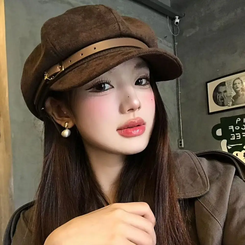 

Casual British Style Pu Leather Beret Belt Buckle Brown Suede Octagonal Hat Artist Hat Newsboy Cap Painter Hat Outdoor