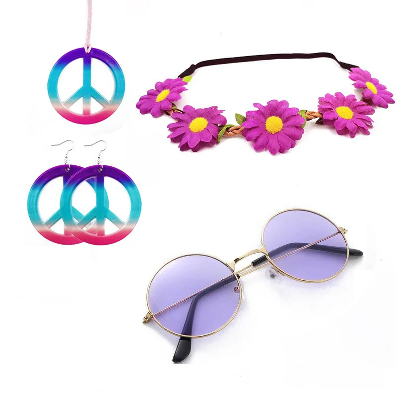 1pcs Costume Set Includes Peace Sign Necklace and Earrings, Flower Crown Headband and Hippie Sunglasses 70s Accessories