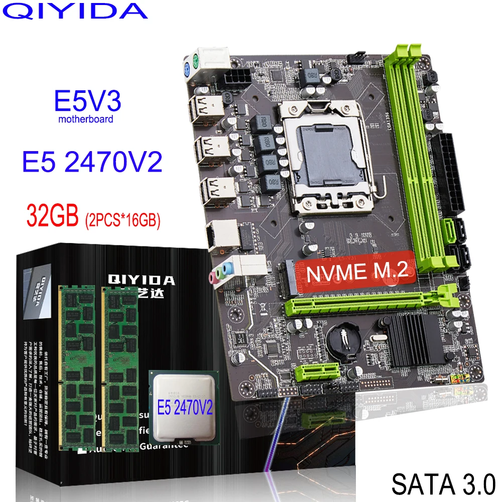 QIYIDA X79 motherboard set LGA1356 Xeon E5 2470 V2 cpu 32GB 2x 16GB DDR3 REG ECC memory ram X79 E5 V3