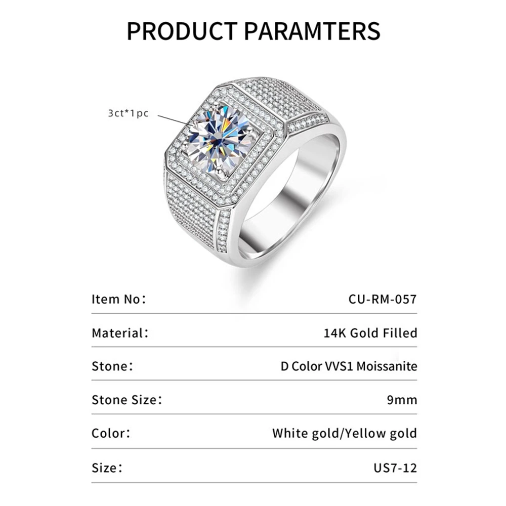 Lnngy Certified 9MM 3.0CT Moissanite Diamond Ring Luxury Square Vintage Banquet Halo Ring For Men Father's Day Jewelry Gift
