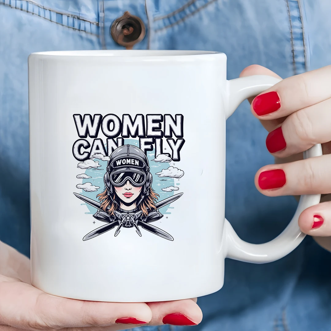 

11oz Retro Illustration Mug - Female Pilot Helmet Cup Kids Drink Cup Christmas Gift Family Office Cup