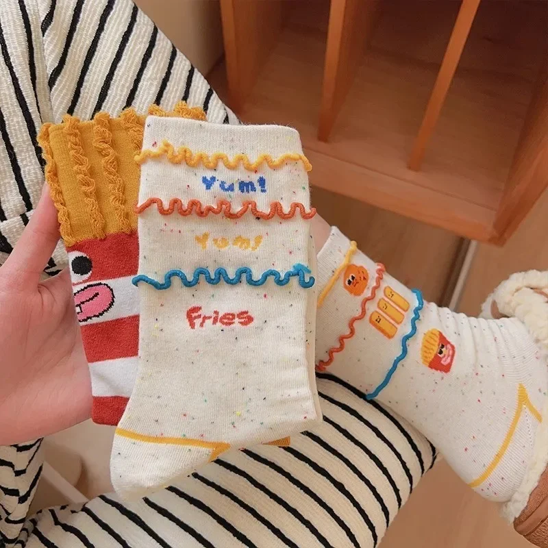 Funny Ankle Socks Japanese Style French Fries Women Mid-calf Sock Trend Pure Cotton Cute Cartoon Ugly-cute Autumn Long Socks