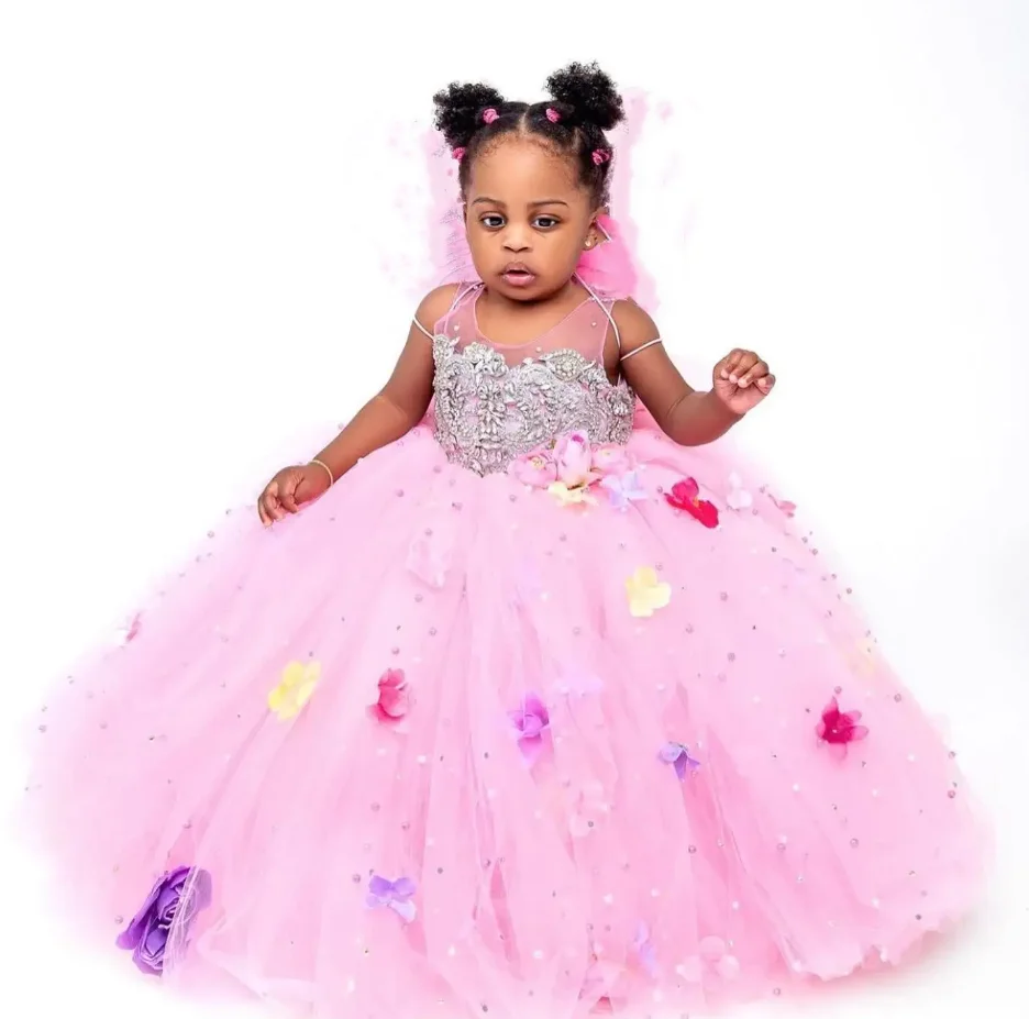 Luxury Pink Flower Girl Dresses Pearls 3D Flowers Beaded Princess Queen Ball Gowns Girls Birthday Dress Christmas Party Gown