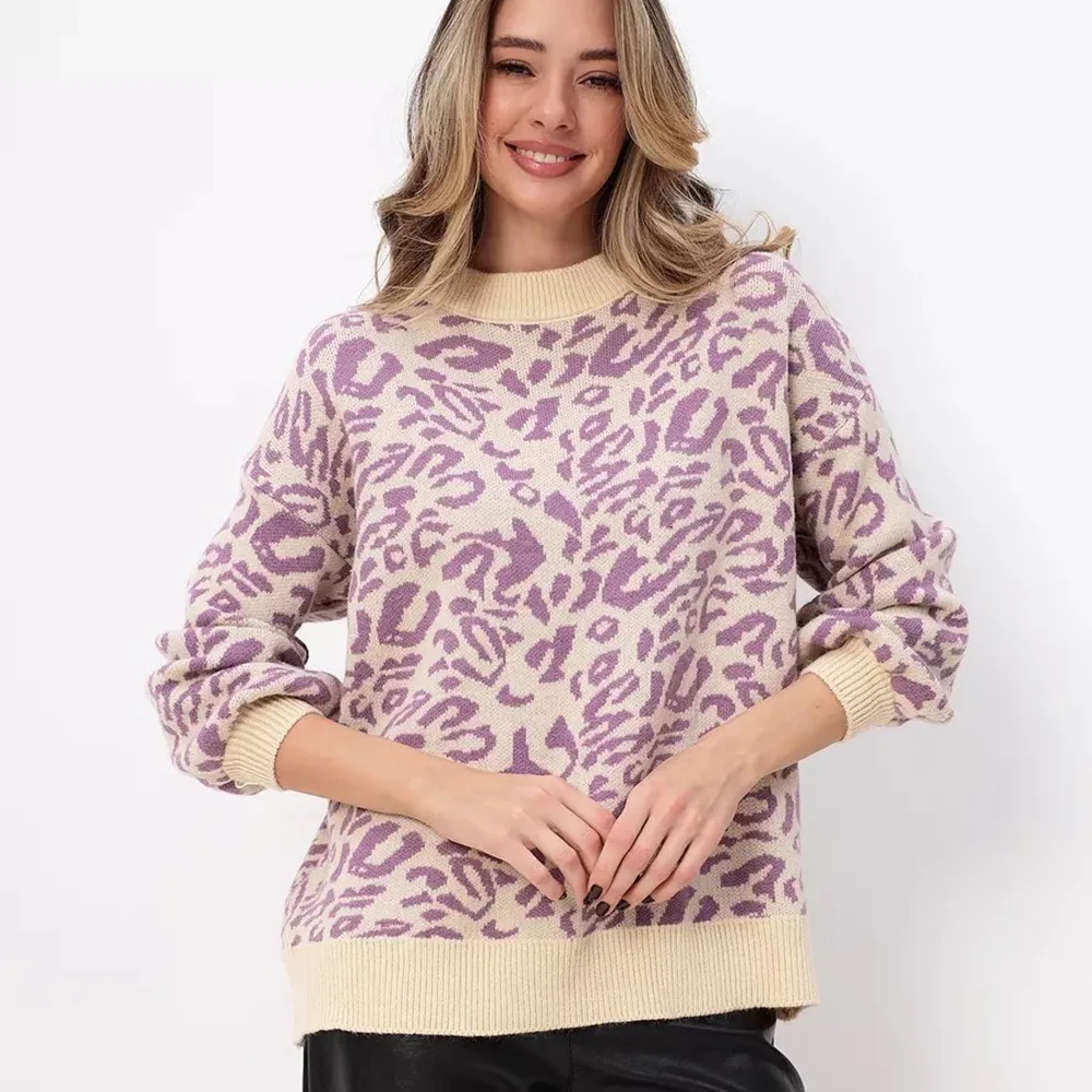 

Leopard Print Sweater 2025 Puff Sleeve Round Neck Chunky Knit Relaxed Fit Fall Winter Office Wear Purple Camel Casual Chic