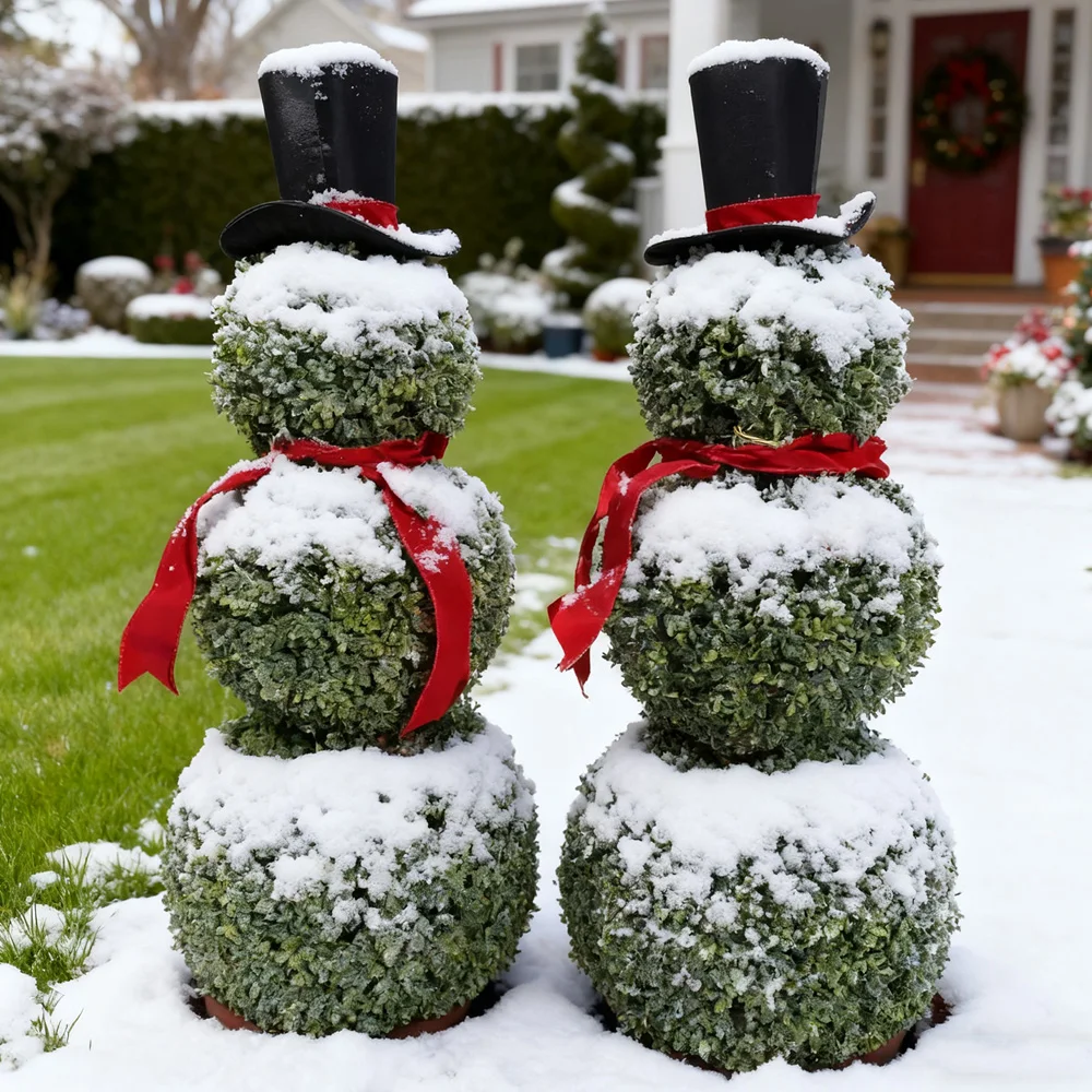 

Cute Snowmen Topiary Christmas Tree Decorations Green Artificial Topiary Tree Pot Xmas Plant for Porch Outdoor Indoor Decor Gift