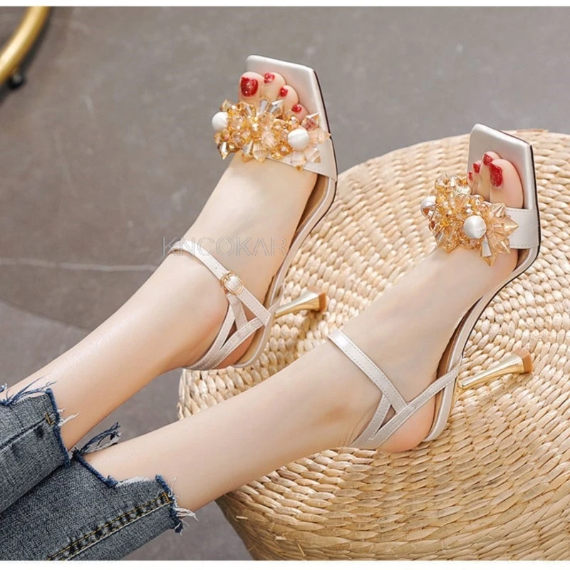 Summer 2025 new water diamond one-strap high heels with thin heels, fashionable and sexy open-toe women\'s sandals