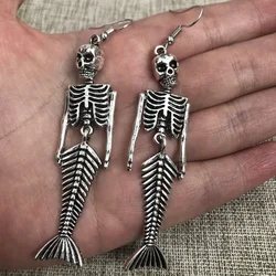 Goth Halloween Large Mermaid Skull Pendant Earrings Women Vintage Silver Color Skeleton Drop Earrings Punk Fashion Jewelry