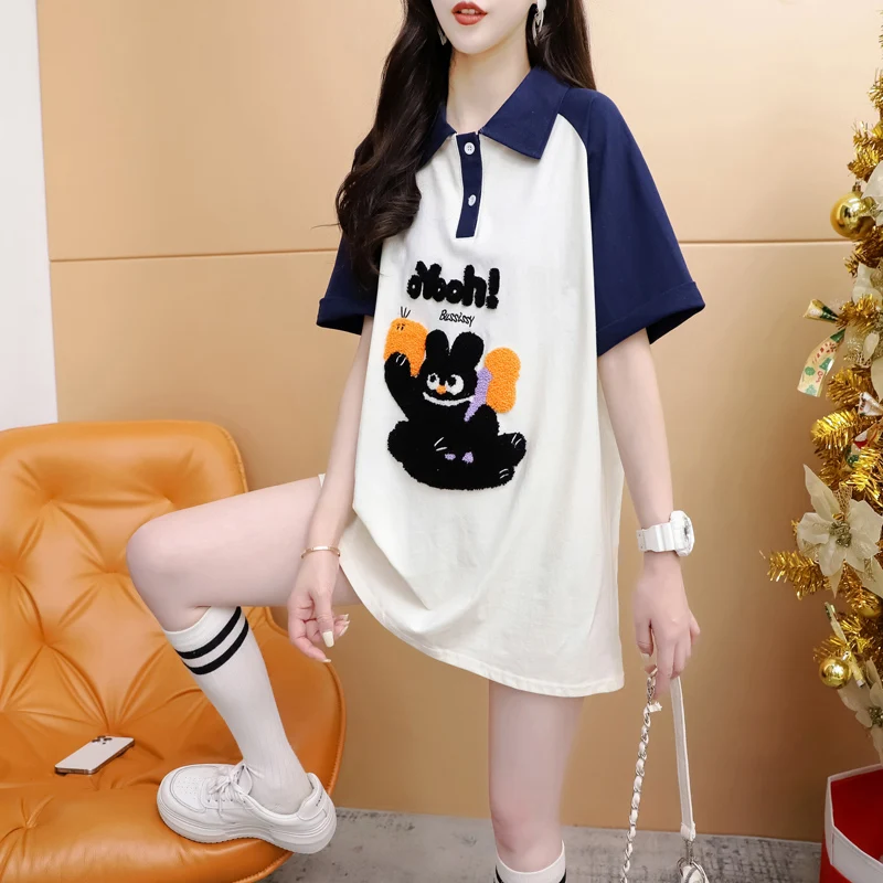 

Cotton Contrasting POLO Shirt Collar Raglan Sleeves Short Sleeved T-shirt Women's Summer Cartoon Flocking Half Sleeved Top