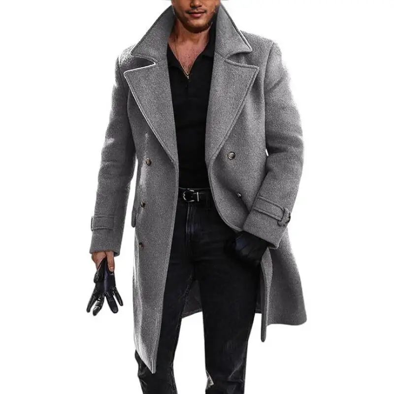 Autumn Winter Wool Blends Coats Men Solid Thick Double Breasted Business Casual Trench Outwear Male Turn Down Collar Long Coat