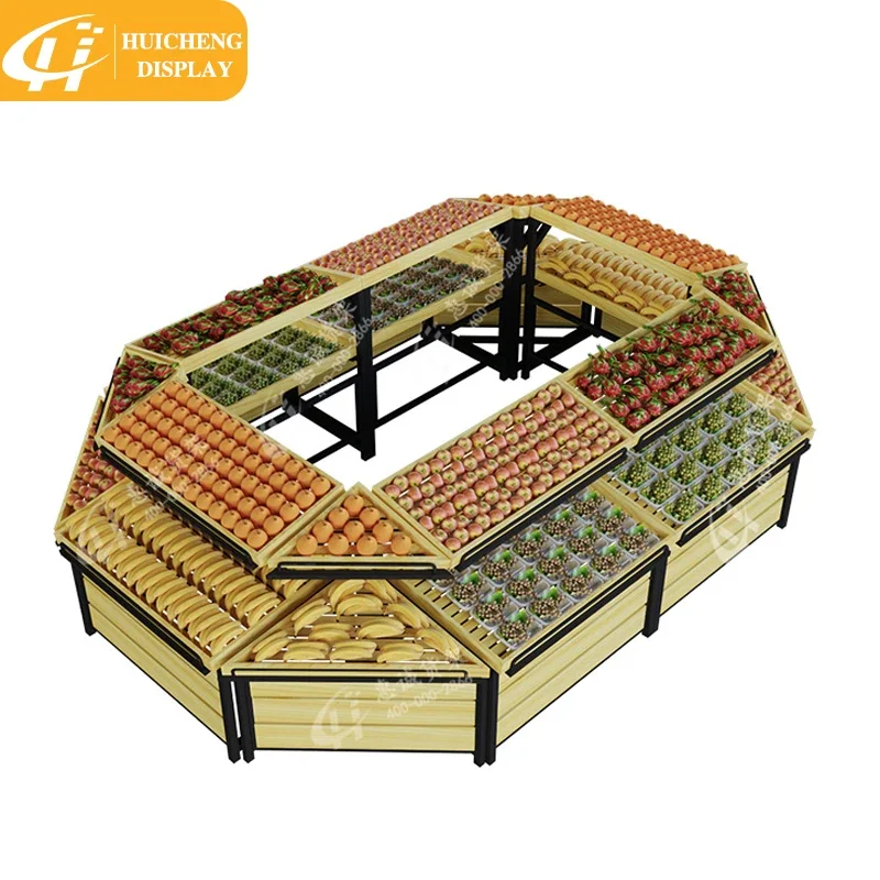 Customized Hot Sale Round Wood Fruit Vegetable Display Rack Supermarket Shelves