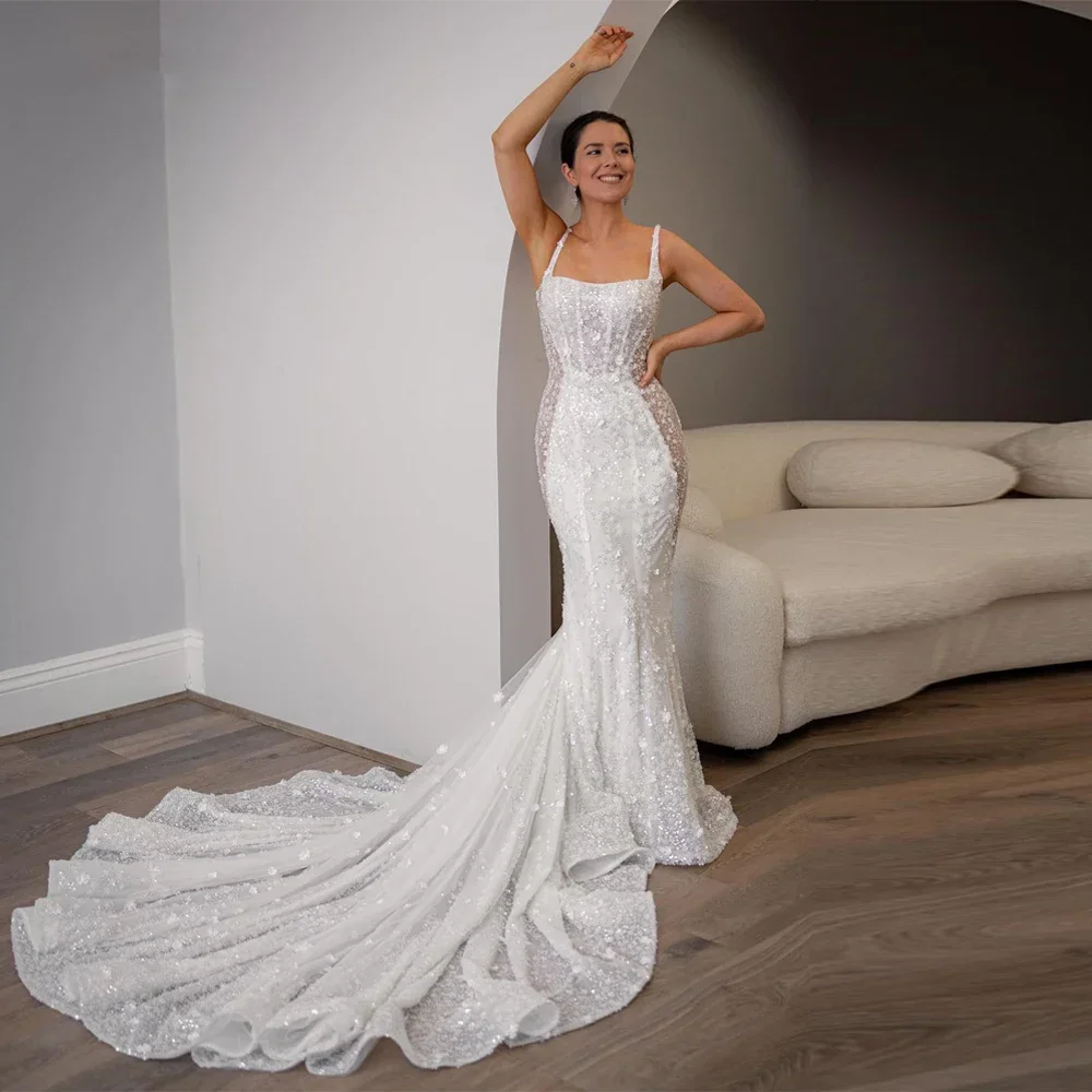 

Flavinke Customized Elegant Square Neck Mermaid Wedding Dresses Off Shoulder Sleeveless Appliqu Bridal Gown Floor Length Robe
