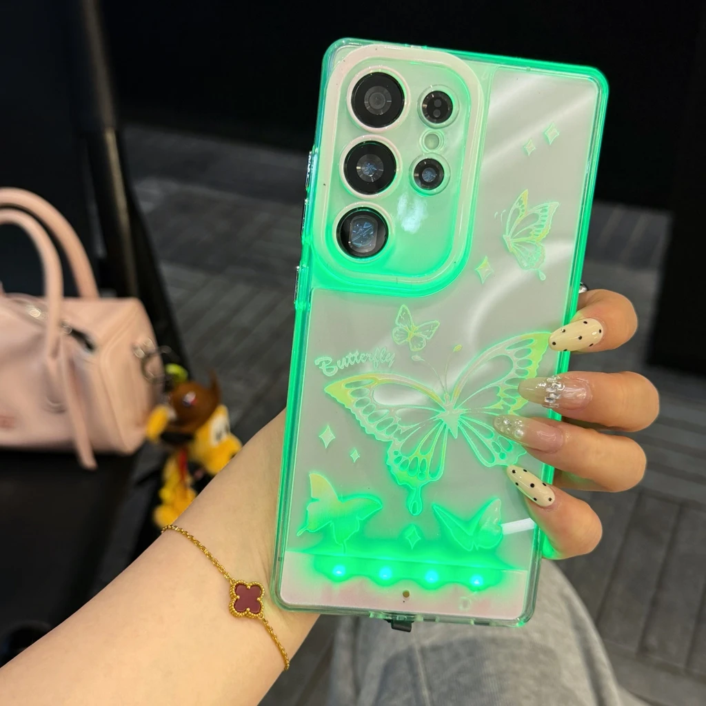 5 Color Change Luminous Call Light Up Flash Sweet Cute Pink Butterfly Phone Cover Case for Samsung Galaxy S26 S25 S24 Plus Ultra