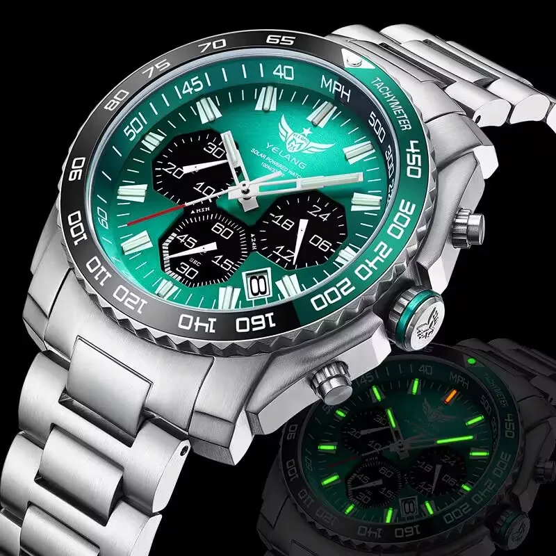 YELANG Men Eco-Drive Watch 44MM Military Wristwatch Luminous Tubes 100M Waterproof Sappire VR42 Mov