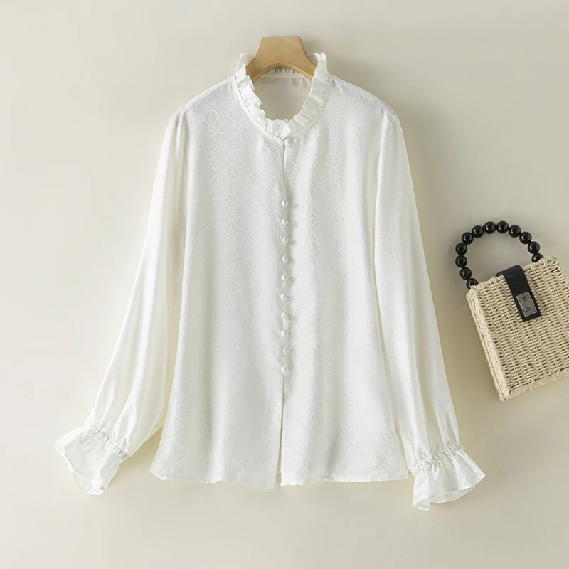 

100% Mulberry Silk 19 Momme jacquard Silk Women Long Sleeve Shirt White Ruffles Neck Buttons Down Top Blouse Work L XL FF087