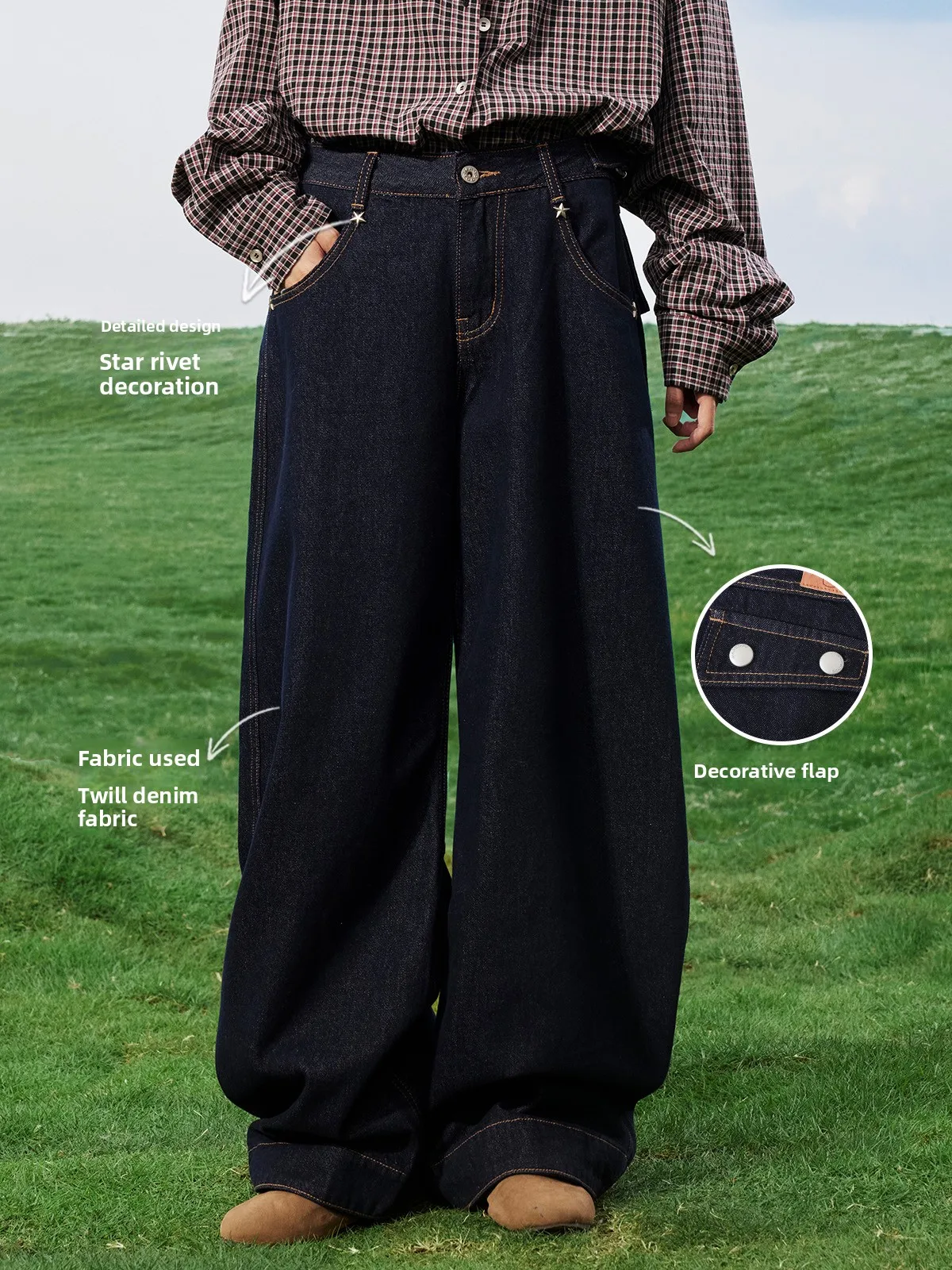 

Maood Japanese Sle Loose Fit Star Embroidered Denim High Waist Knife Pants Neutral Faion Worksite Diagonal Stripe ...