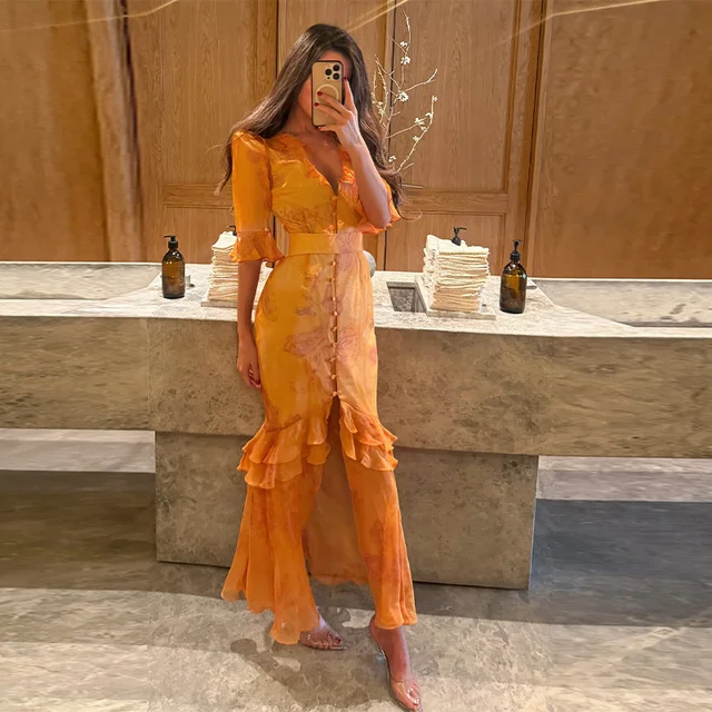 Chic Lace Trimmed Printed Dress Women Elegant Deep V-neck Waist Cinching Split Short Sleeve Maxi Dress 2026 Lady Party Vestidos