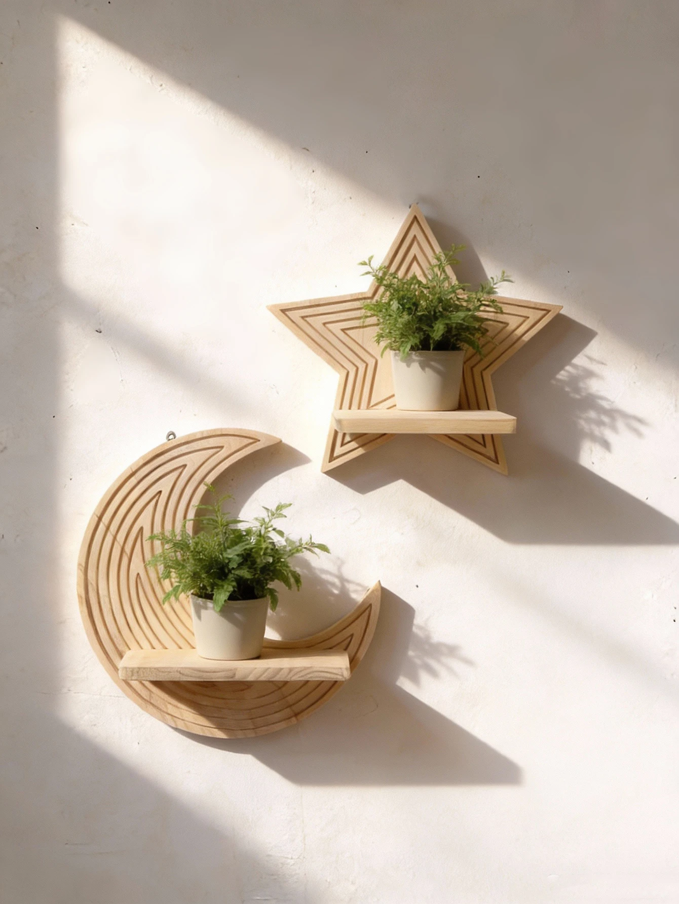 Moon Star Wooden Wall Shelves Plant Display Floating Shelf Rustic Wall Mounted Storage Rack for Home Decor,Bedroom & Living Room