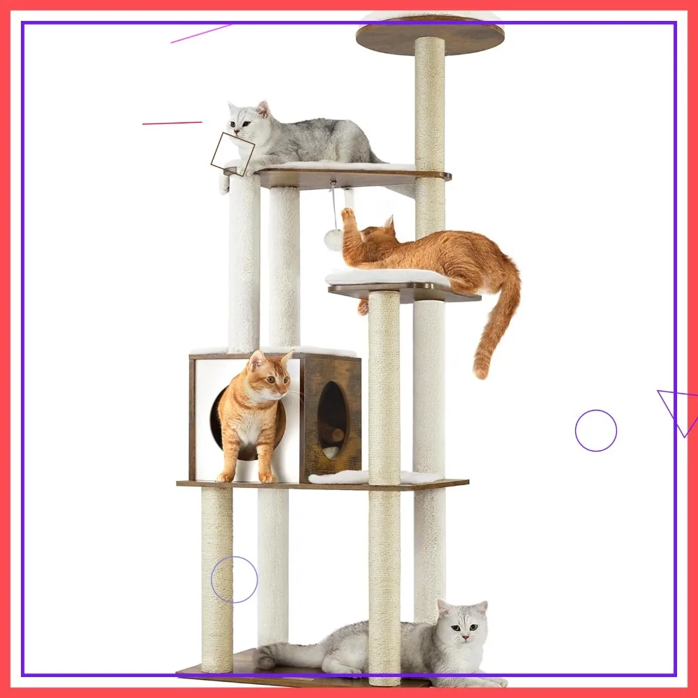 

64.6-Inch Cat Tree, Modern Multi-Level Condo with 5 Scratching Posts, Perch, Cave, Washable Cushions, Rustic Brown