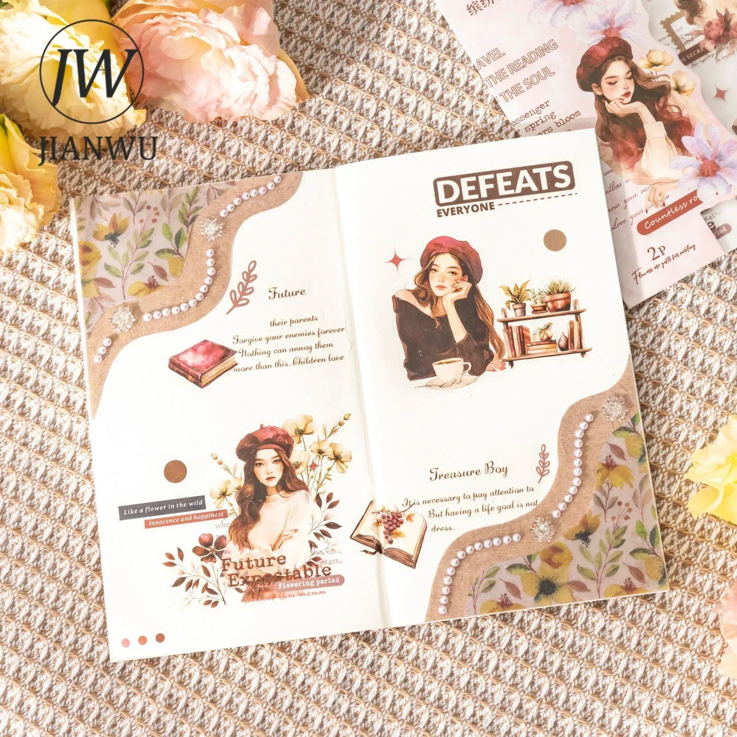 JIANWU The Sweetie Diaries Series Literary Character Flower Material Collage Transfer Sticker Creative DIY Journal Stationery