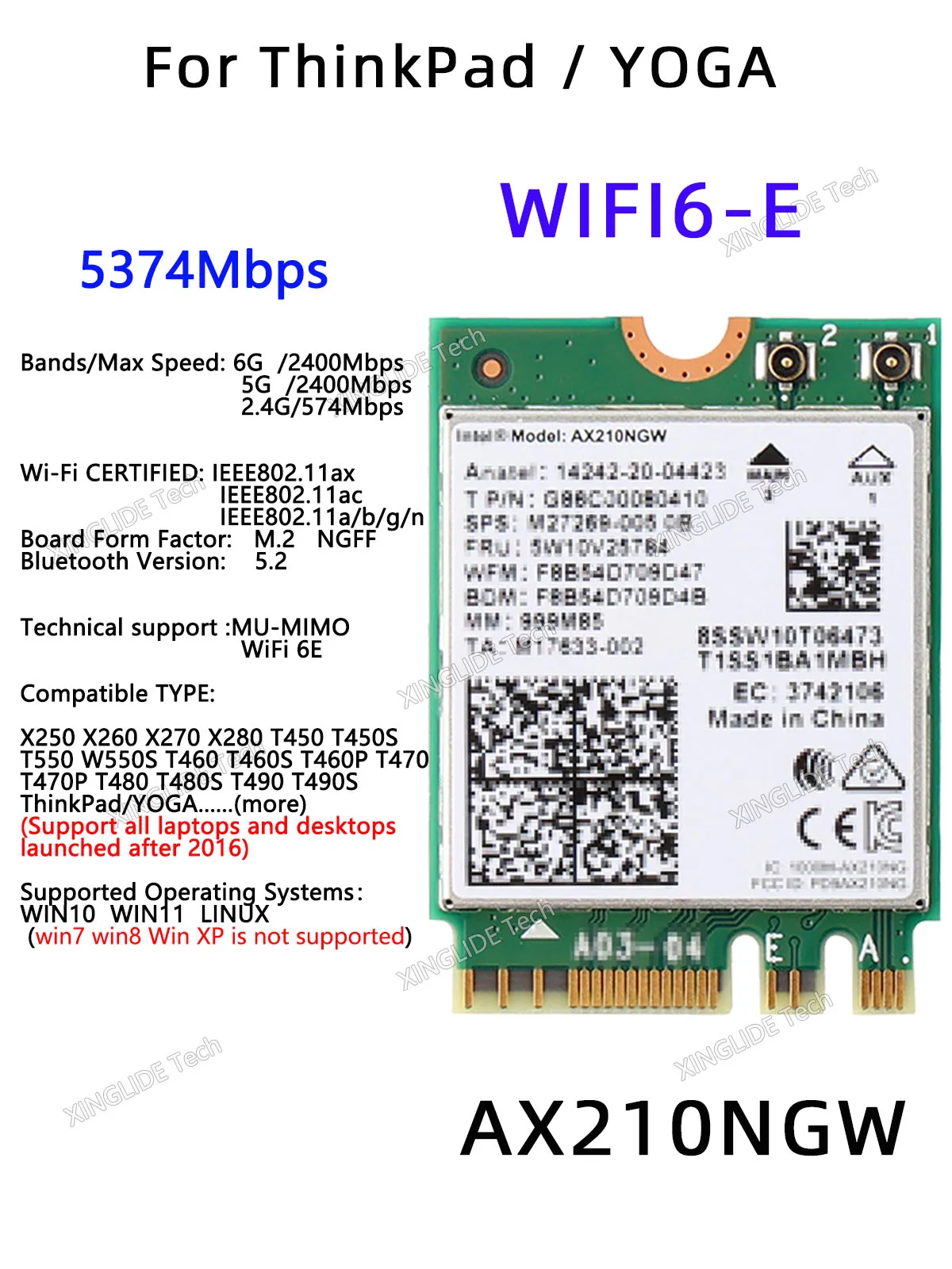 WIFI6E AX210NGW For ThinkPa X250 X260 X270 X280 T450 T450S T550 W550S T460 T460S T460P T470 T470P T480 T480S T490 T490S Laptop