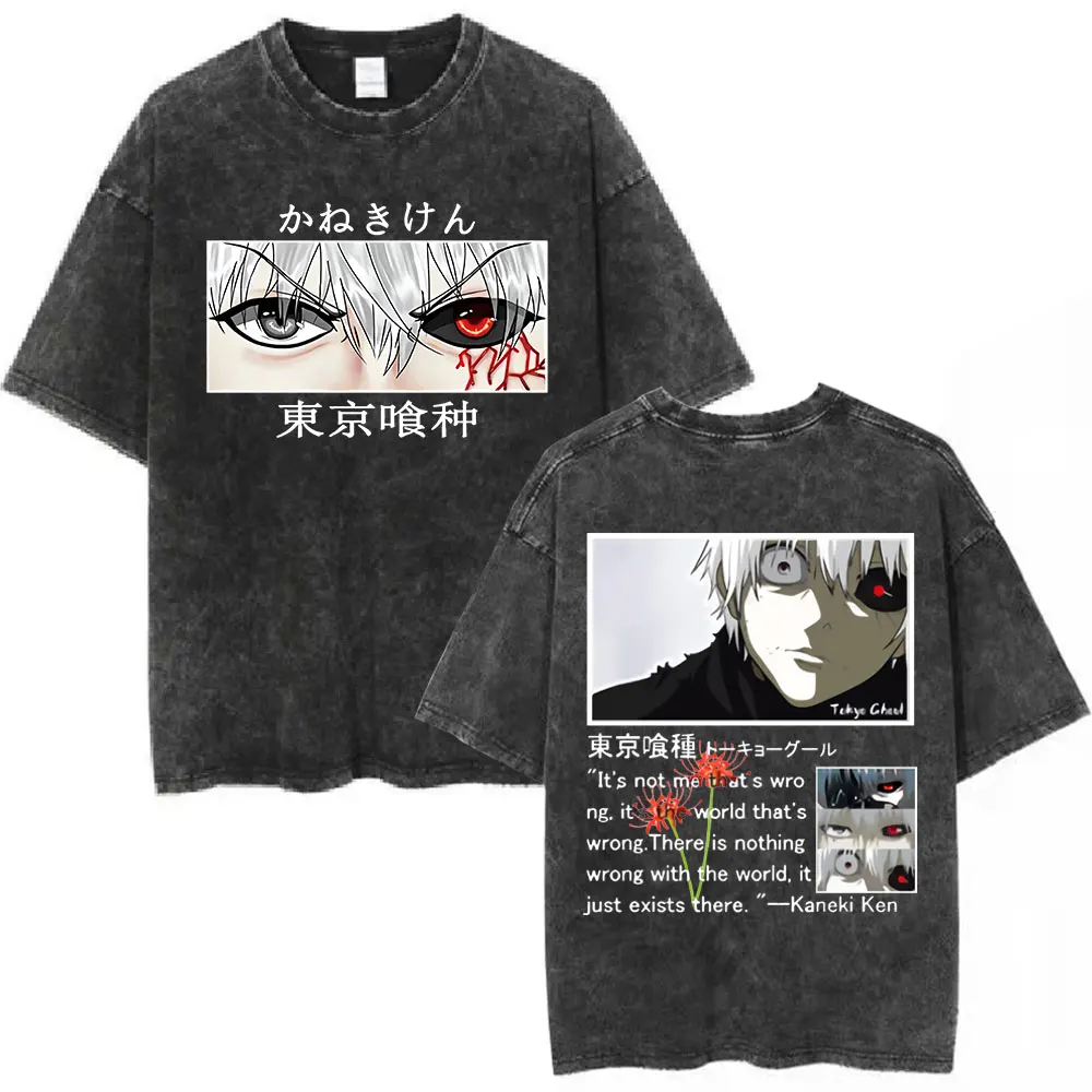 Vintage Washed Anime Tokyo Ghoul T-Shirt Manga Cool Ken Kaneki Eyes Print T-Shirts Unisex Übergroße Gothic Kurzarm T-Shirts