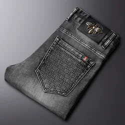Smoky gray jeans men's affordable luxury fashion stretch slim-fitting small straight street trend high-end quality denim pants