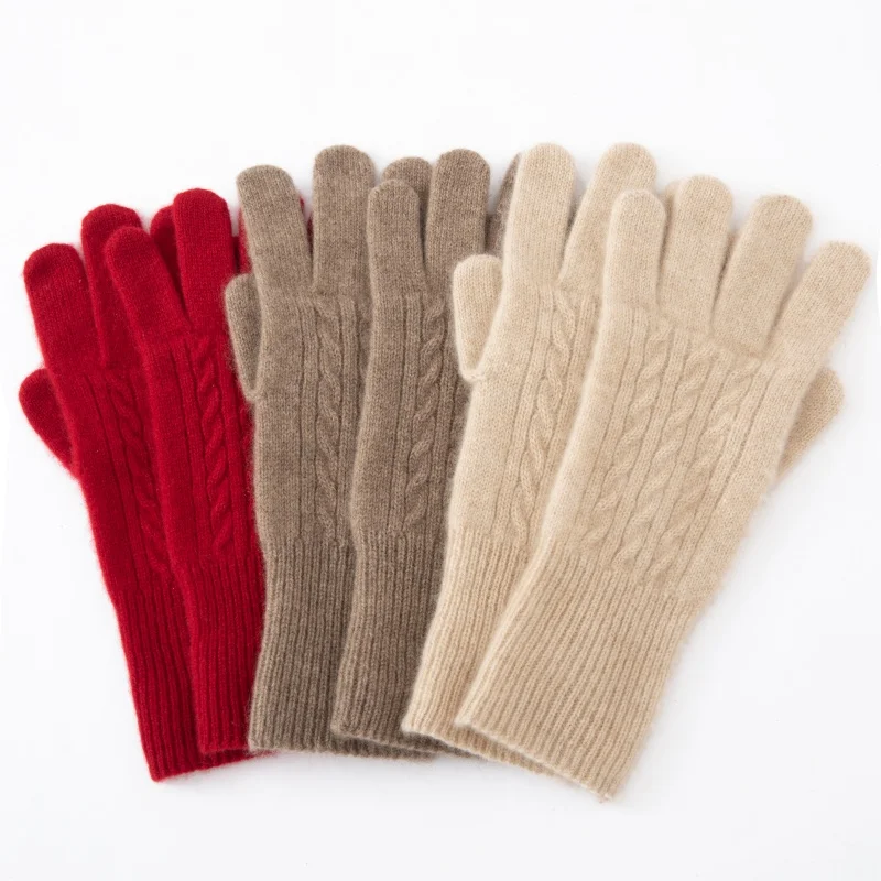 100% Pure Cashmere Touch Screen Gloves Autumn Winter Twisted Flower Knitted Split Finger Long Gloves Warm Outdoor Cycling Gloves