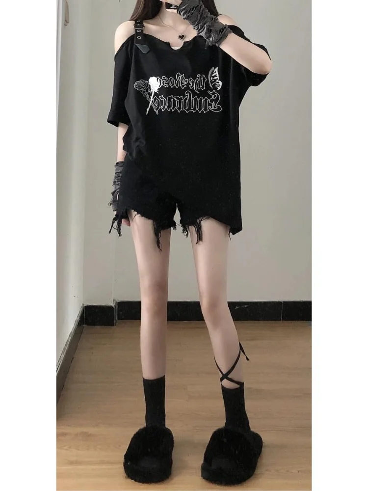 Summer Sweet Cool Girls Letter Print T-shirt Y2k Aesthetic Off Shoulder Fashion Slash Neck Tshirts Women All Match Loose Tees