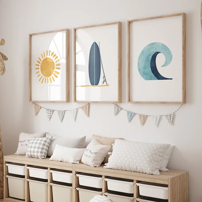 3PCS Ocean Surf Nursery Wall Decor Sun Nursery Poster Modern Coastal Nursery Decor Wall Art Canvas Paintings for Room Decor