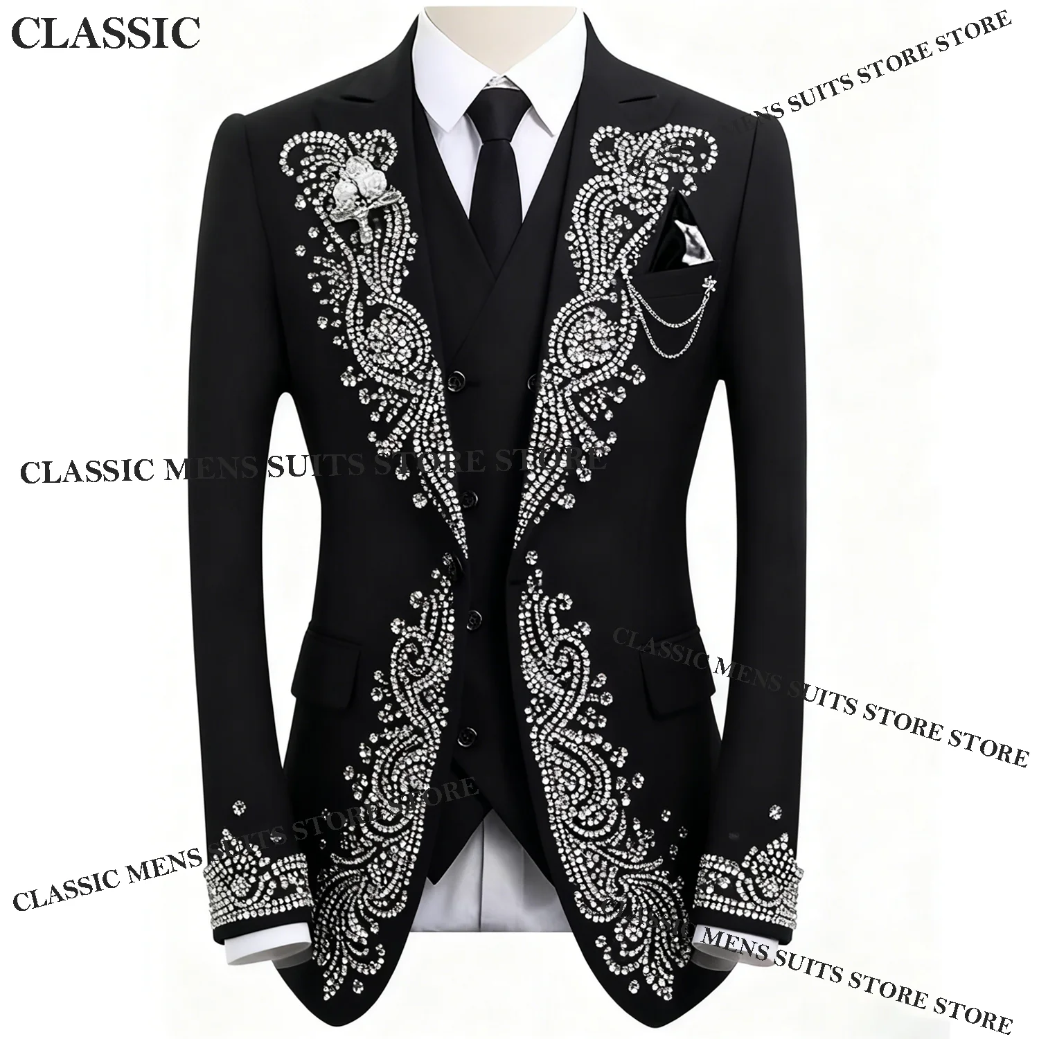 

Glitter Tuxedos Men Suits Exegant Diamond Decoration Customized Peaked Lapel Groom 2 Pieces Set Wedding Male Prom Blazers suits