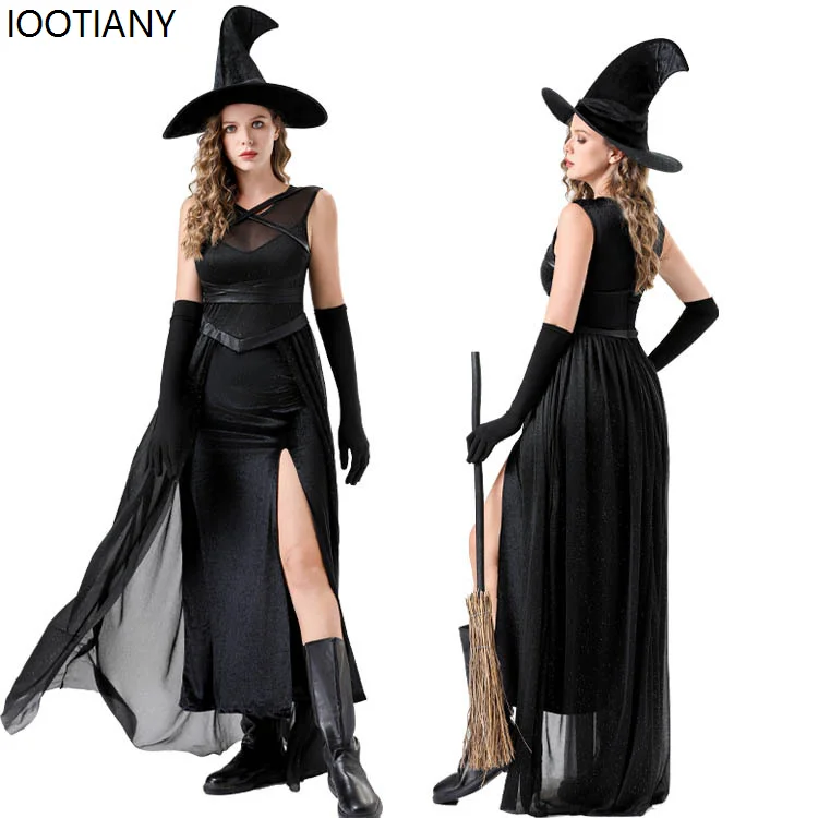 

Halloween Black Evil Witch Cosplay Costumes Women Sexy Black Veil Ghost Bride Wizard Outfit Carnival Theme Party High Slit Dress